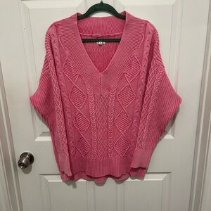 Aerie Pink Cable Knit V-Neck Sweater - Size L